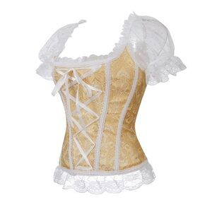 SALE! Beautiful Satiny Gold Brocade Corset With Lace Bo-Peep Sleeves